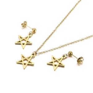 Minimalist gold stainless steel jewelry set featuring hollow star necklace and earrings