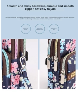 Detail of durable metal zippers and floral nylon fabric on the crossbody phone bag