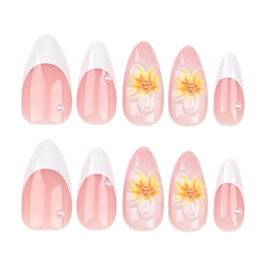 French tip almond press-on nails with 3D yellow sunflowers and white pearls