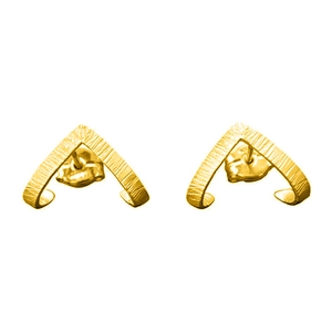 Macro detail of gold V-shaped geometric stud earrings with brushed metal texture