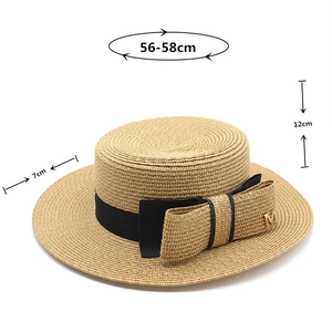 Flat top boater straw hat with black ribbon, 12cm height and 7cm brim size details