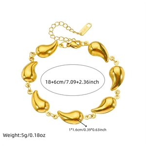Detail shot of golden stainless steel teardrop link bracelet with size and weight specs