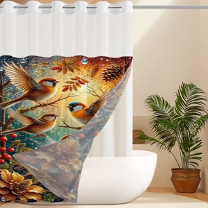 Detail of waffle fabric shower curtain with sparrow and autumn leaves print design
