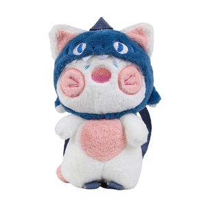 Cute shark-costume cat plush backpack featuring soft blue hoodie and pink details