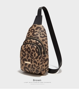 Detail view of leopard print crossbody bag showing multi-layered zippers and gold plate