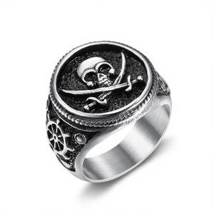 Men's retro pirate skull seal ring in stainless steel with steering wheel engraving