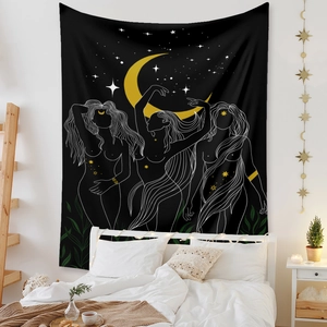 Bohemian wall tapestry with sun moon and female art sketches for home room decor