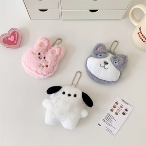 Plush animal mirror charms featuring rabbit, husky, and white dog designs with keychains