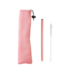 Pink heart stainless steel straw set with rose gold metal straw and storage bag