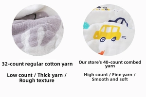 Close-up comparing 32s rough cotton yarn with 40s soft combed cotton gauze fabric