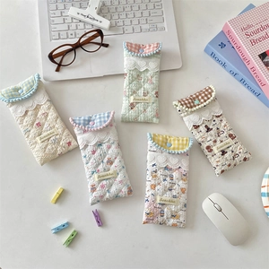 Floral and checkered quilted cotton eyewear pouches with lace trim and heart buttons