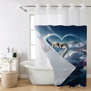Detail view of double-layer shower curtain with heart-shaped white swan print on metal rod