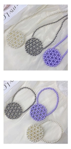 Detail showing white pearl, metallic silver, and purple beaded crossbody bags with straps