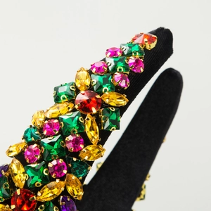 Baroque padded headband with colorful rhinestones on black velvet base for women