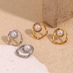 Vintage 18K gold plated stainless steel irregular hoop earrings with faux pearls