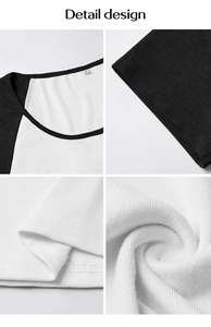 Close-up of contrast trim U-neck, cuffs, and ribbed knit texture of Y2K style slim T-shirt