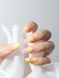 Press On Nails Long Almond Fake Nails Yellow French Tip Floral Pattern Glossy Resin Wearable Manicure For Women