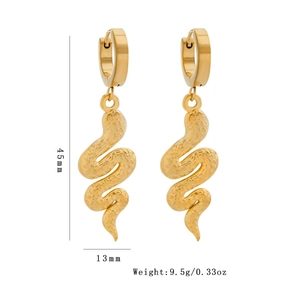 Chic 18K gold plated stainless steel snake earrings with scale texture, 45mm drop length