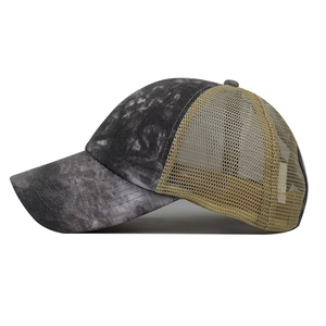 Side view of washed grey cotton and khaki mesh ponytail baseball cap for outdoors