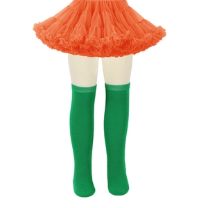 Detailed texture of kids orange tutu skirt and green striped knit high socks set