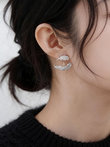 Macro shot of silver feather earrings with cubic zirconia on a model's ear
