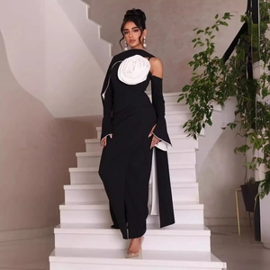 Elegant Women Evening Maxi Dress Off Shoulder 3D White Flower Decoration High Slit Slim Fit Banquet Party Gown
