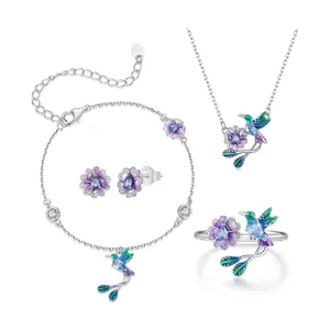 925 Sterling Silver Hummingbird Flower Jewelry Set Enamel Rhinestone Necklace Bracelet Earring Post Adjustable Ring