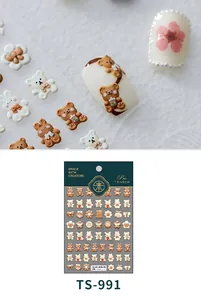 Detail of 3D embossed teddy bear and bunny nail art stickers with cream finish