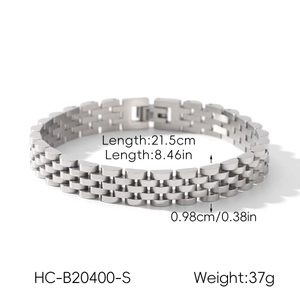 Detailed specs of the steel watch band bracelet with dimensions 21.5cm by 0.98cm