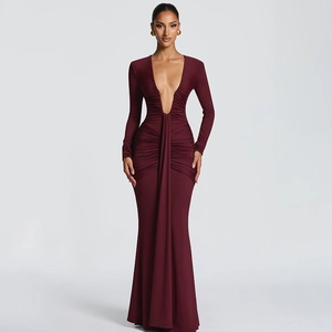 Abito Maxi Sexy Con Scollo A V Profondo Elegante Abito Da Sera Bodycon A Maniche Lunge Sirena Con Fascia Vita Alta