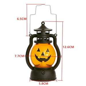 Detailed dimensions of Halloween pumpkin lantern with a black handle and orange smiley face
