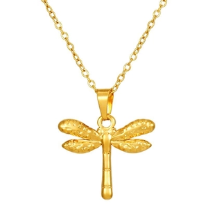 Minimalist 18K gold plated stainless steel dragonfly pendant necklace on white background