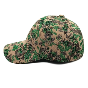 Detail of premium jacquard weave texture and floral pattern on a structured baseball cap