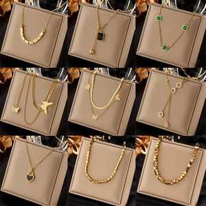 Stainless Steel Rhinestone Butterfly Heart Pendant Necklace Fashion OL Geometric Tassel Chain Necklace Jewelry For Women