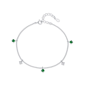 Elegant s925 silver beaded bracelet with emerald green gems and star charms on white background