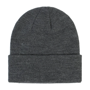 Detailed view of dark grey knitted beanie with fine vertical texture and cuffed hem