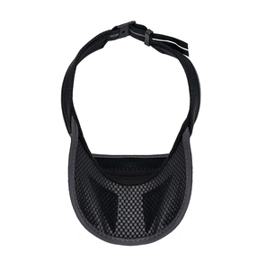 Close-up of black breathable mesh sun visor with adjustable elastic strap and buckle