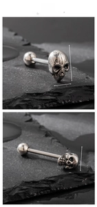 Macro view of gothic skull tongue stud with precise dimensions in surgical steel