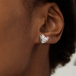 Detail of s925 silver heart stud earrings with rainbow stones and mama engraving