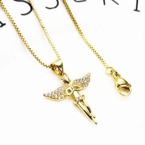 Gold angel pendant necklace with micro-paved cubic zirconia and box chain for women