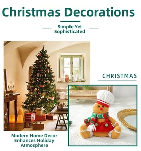 Detail of Christmas gingerbread man plush with white chef hat and red green striped scarf