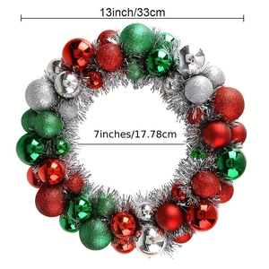 Detail view of 13-inch red green and silver Christmas wreath with size measurements