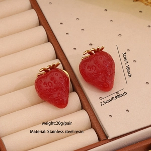 Close-up of strawberry earrings with detailed dimensions 3cm by 2.5cm and resin texture