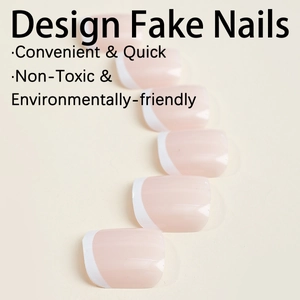French tip nude fake toenails set with white borders on a minimalist beige background