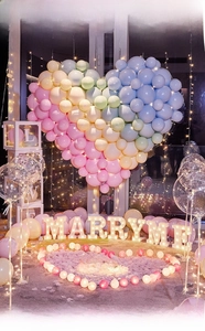 Romantic marry me scene with glowing letters and colorful heart balloons for proposal
