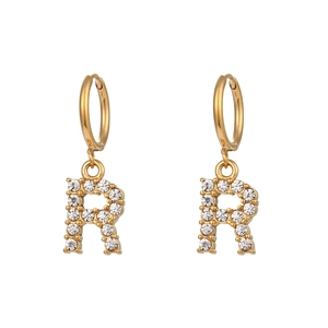 Detailed close-up of 18K gold plated letter R earrings with micro-set zircon stones