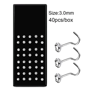 Lot de 40 piercings de nez 3,0mm en acier inoxydable avec cristaux CZ en boîte