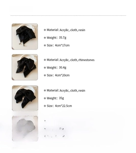 Size specifications for black rhinestone bow hair clips in various lengths and materials