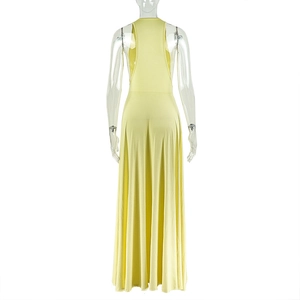 Detailed back view of sleeveless yellow maxi dress with racerback design and pleated waist