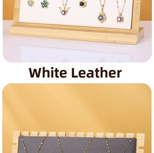 Bamboo necklace display stand featuring white leather and dark grey velvet padding inserts